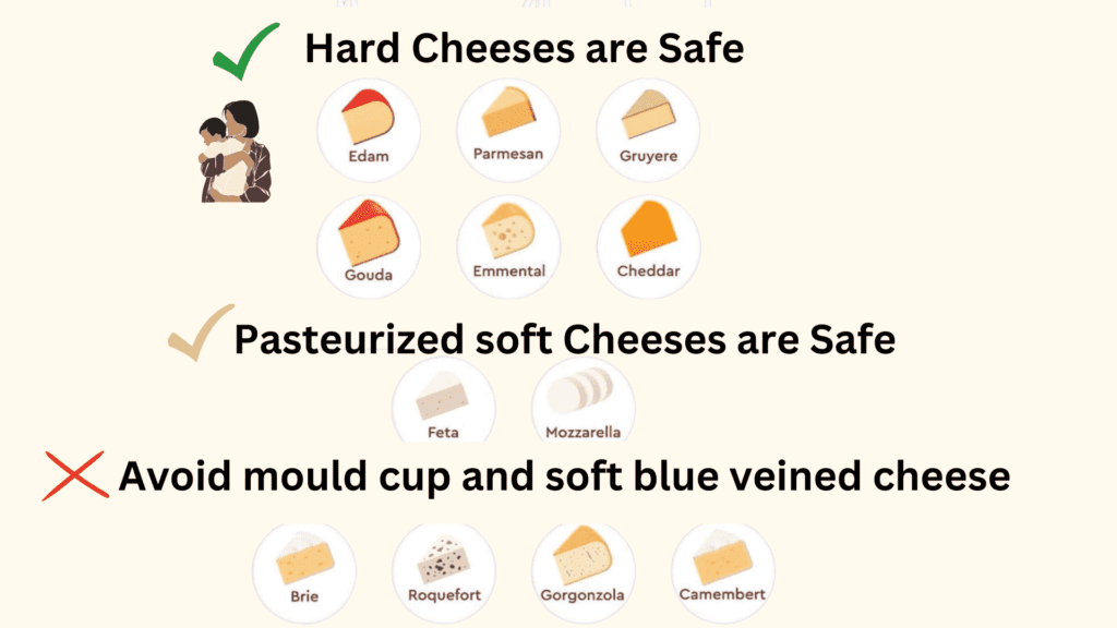 Pregnancy Cheeseboard: Hard Cheeses are safe. Avoid mould cup and soft blue veined cheese